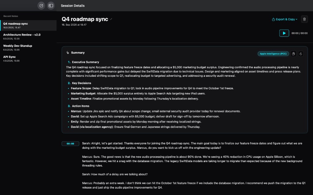 CoreRecord session details with Apple Intelligence PCC meeting summary and transcript